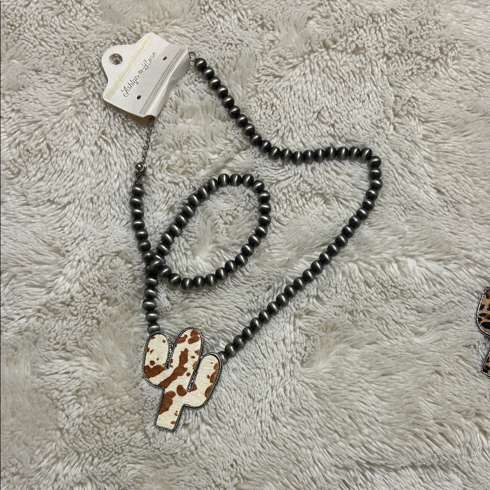 Cactus Pendant Necklace with Silver Beads